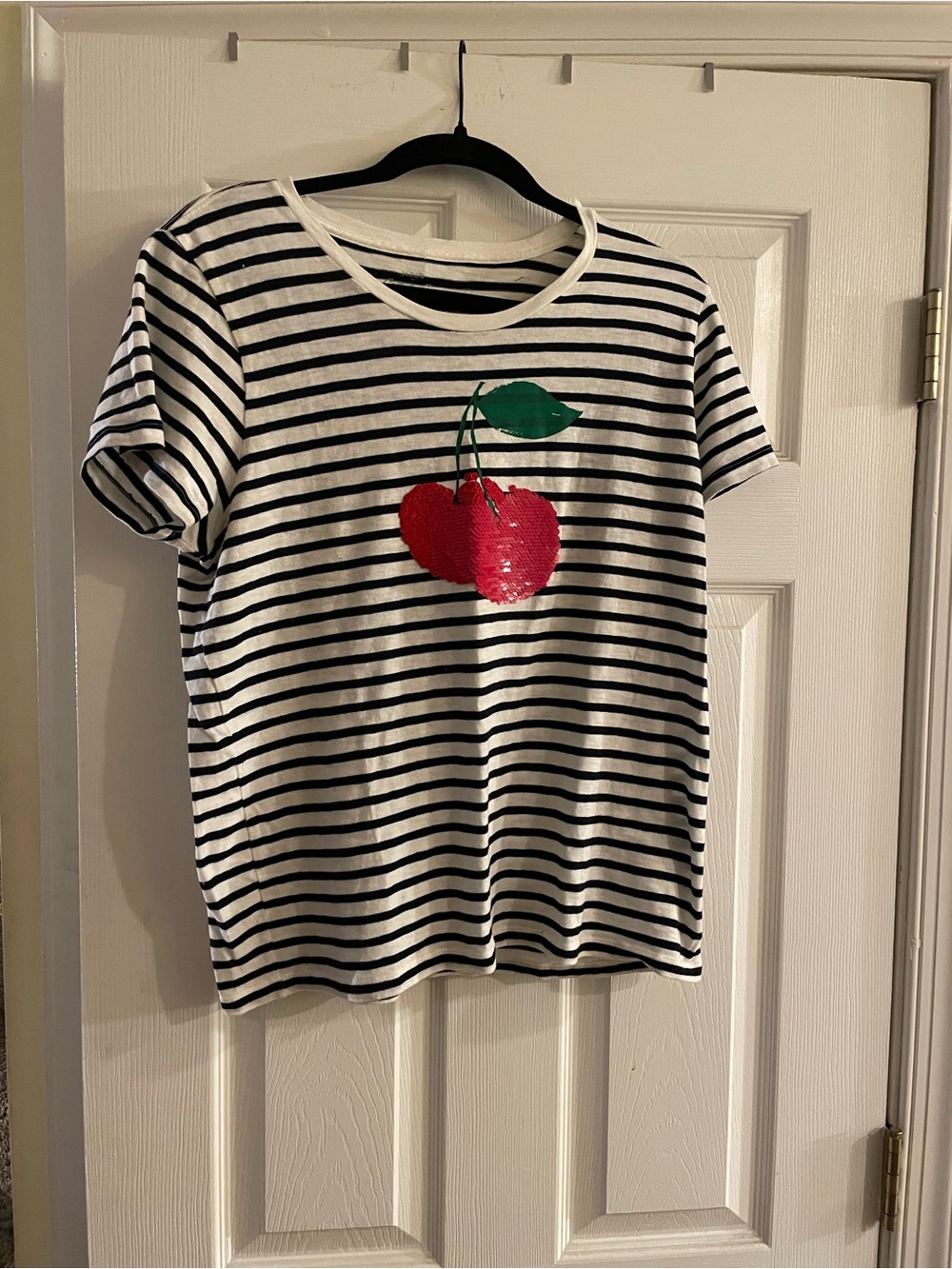J. Crew Woman’s Black & White Striped Short Sleeve Tee with Red Sequin Cherry